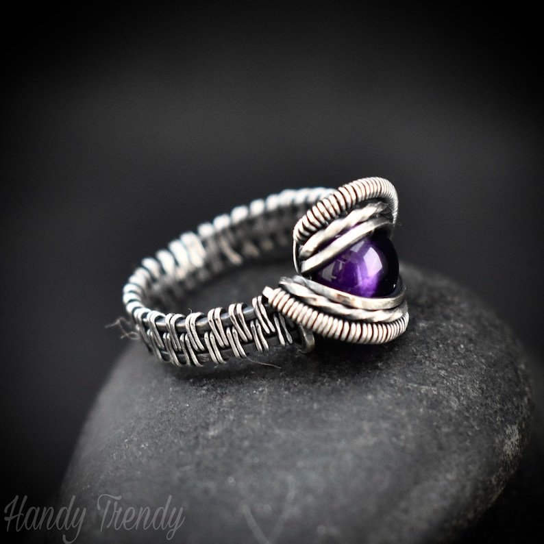 Amethyst ring, Size 7 1/2 US, 925 Sterling Silver wire wrapped jewelry, Unique handmade Birthday gift, Artisan jewelry, One of a kind pieces