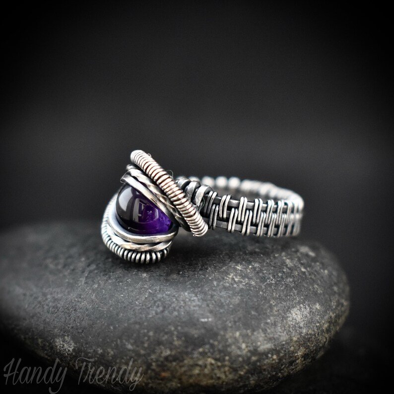 Amethyst ring, Size 7 1/2 US, 925 Sterling Silver wire wrapped jewelry, Unique handmade Birthday gift, Artisan jewelry, One of a kind pieces