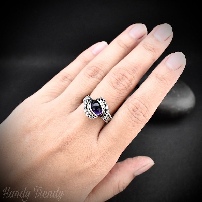 Amethyst ring, Size 7 1/2 US, 925 Sterling Silver wire wrapped jewelry, Unique handmade Birthday gift, Artisan jewelry, One of a kind pieces