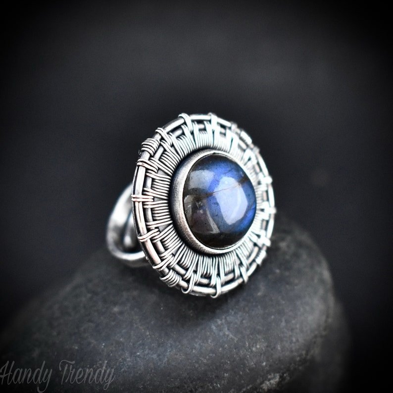 Labradorite endless wheel ring, Adjustable 925 sterling silver wire wrapped ring, Unique handmade birthday gift, One of a kind jewelry