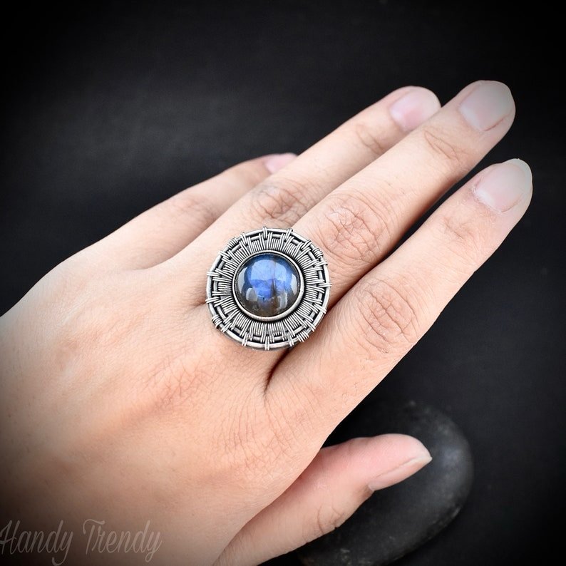 Labradorite endless wheel ring, Adjustable 925 sterling silver wire wrapped ring, Unique handmade birthday gift, One of a kind jewelry