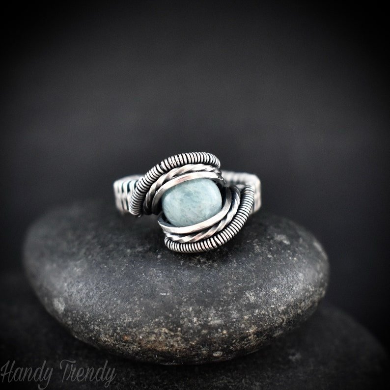 Aquamarine ring, Size 7 US, 925 Sterling Silver wire wrapped jewelry, Unique handmade Birthday gift, Artisan jewelry, One of a kind ring