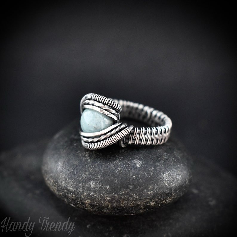 Aquamarine ring, Size 7 US, 925 Sterling Silver wire wrapped jewelry, Unique handmade Birthday gift, Artisan jewelry, One of a kind ring