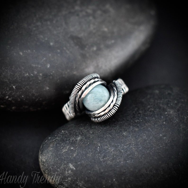 Aquamarine ring, Size 7 US, 925 Sterling Silver wire wrapped jewelry, Unique handmade Birthday gift, Artisan jewelry, One of a kind ring