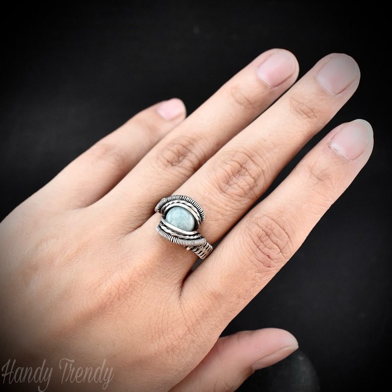 Aquamarine ring, Size 7 US, 925 Sterling Silver wire wrapped jewelry, Unique handmade Birthday gift, Artisan jewelry, One of a kind ring