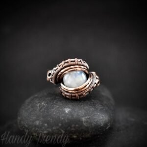 Rainbow moonstone ring, Size 6 1/4 USA, Copper wire wrapped jewelry, Unique handmade Birthday gift, Artisan Boho style, white ring