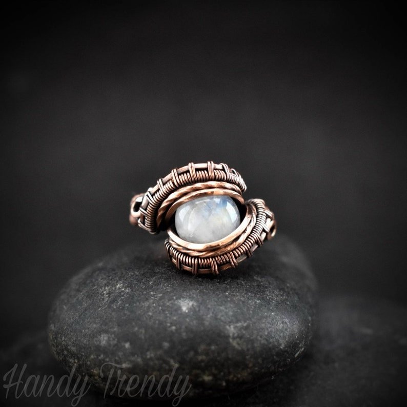 Rainbow moonstone ring, Size 6 1/4 USA, Copper wire wrapped jewelry, Unique handmade Birthday gift, Artisan Boho style, white ring