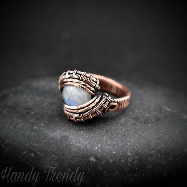 Rainbow moonstone ring, Size 6 1/4 USA, Copper wire wrapped jewelry, Unique handmade Birthday gift, Artisan Boho style, white ring
