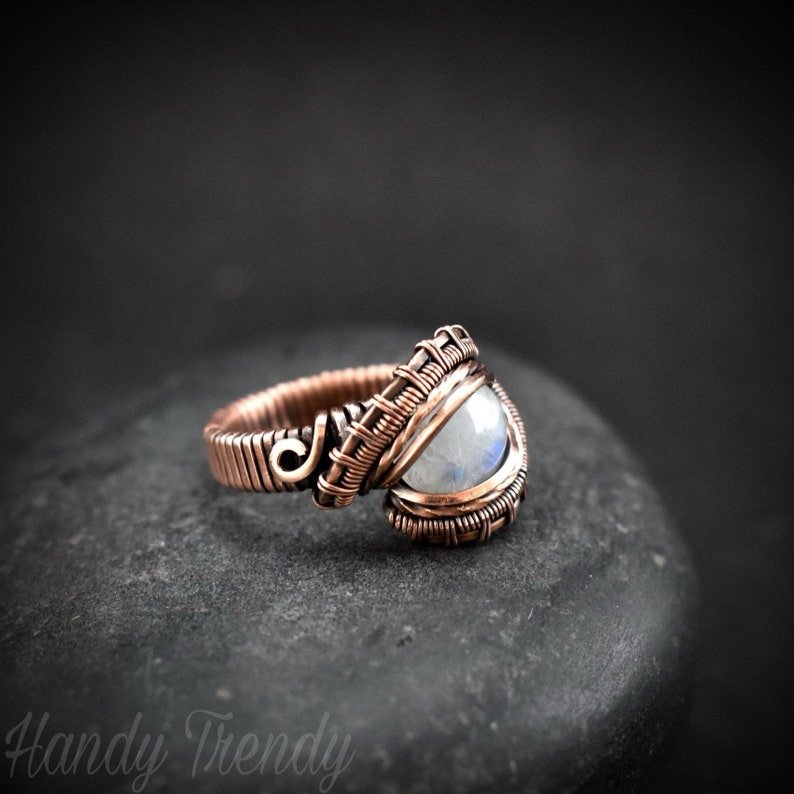 Rainbow moonstone ring, Size 6 1/4 USA, Copper wire wrapped jewelry, Unique handmade Birthday gift, Artisan Boho style, white ring