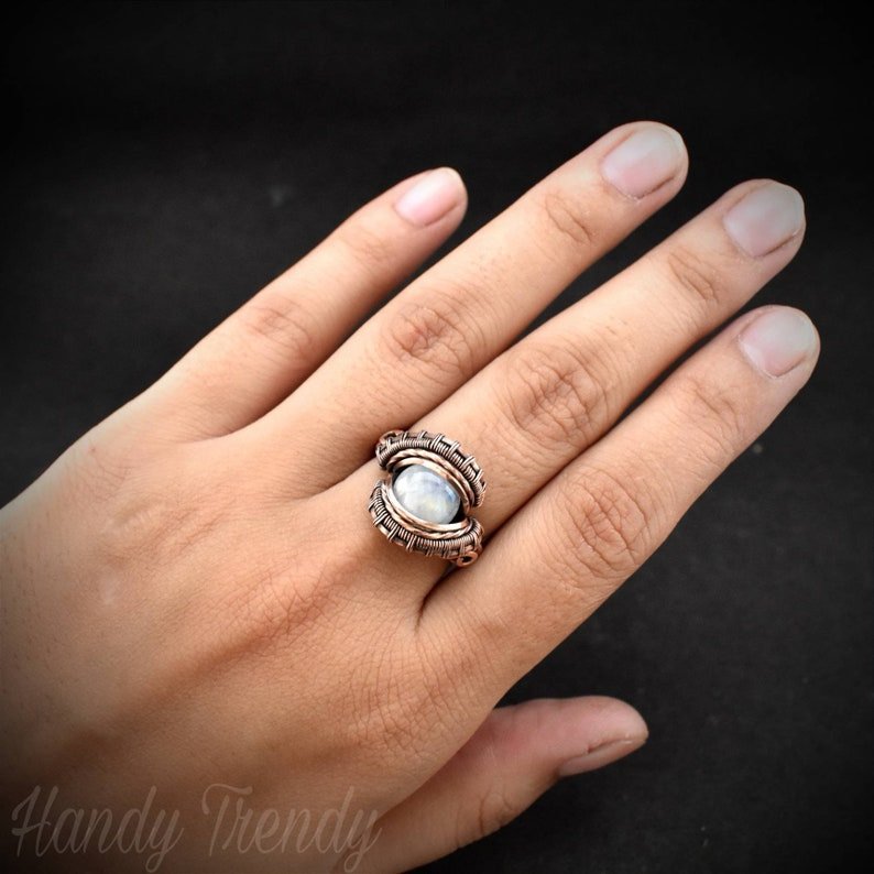 Rainbow moonstone ring, Size 6 1/4 USA, Copper wire wrapped jewelry, Unique handmade Birthday gift, Artisan Boho style, white ring