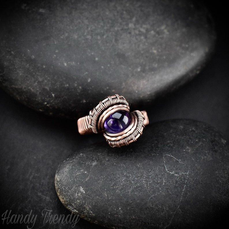 Amethyst ring, Size 8 US, Copper wire wrapped jewelry, Unique handmade Birthday gift, Artisan jewelry, One of a kind pieces