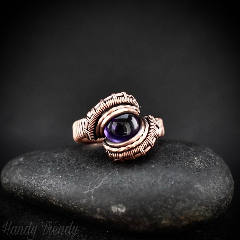 Amethyst ring, Size 8 US, Copper wire wrapped jewelry, Unique handmade Birthday gift, Artisan jewelry, One of a kind pieces