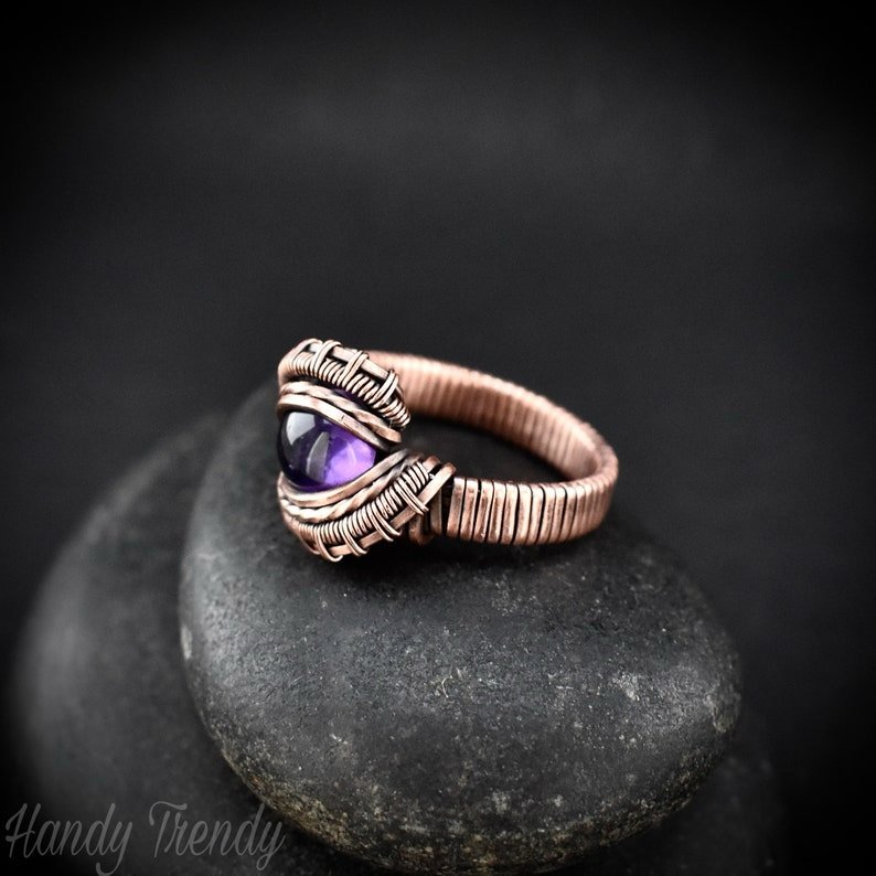 Amethyst ring, Size 8 US, Copper wire wrapped jewelry, Unique handmade Birthday gift, Artisan jewelry, One of a kind pieces