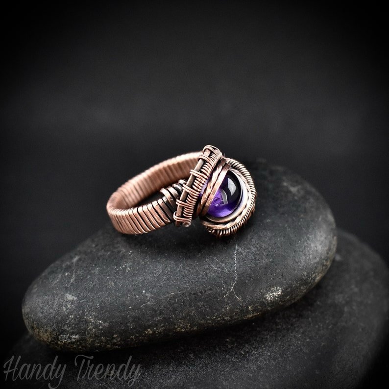 Amethyst ring, Size 8 US, Copper wire wrapped jewelry, Unique handmade Birthday gift, Artisan jewelry, One of a kind pieces