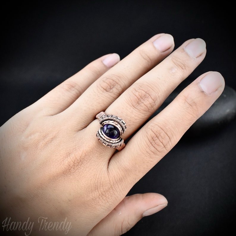Amethyst ring, Size 8 US, Copper wire wrapped jewelry, Unique handmade Birthday gift, Artisan jewelry, One of a kind pieces
