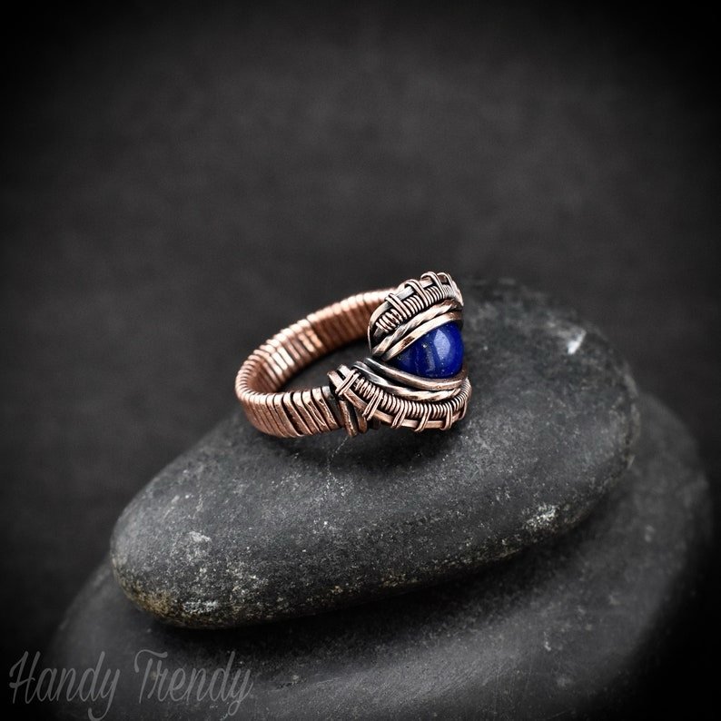 Lapis lazuli ring, Size 5 1/2 USA, Copper wire wrapped jewelry, Unique handmade Birthday gift, One of a kind artisan jewelry, Blue ring