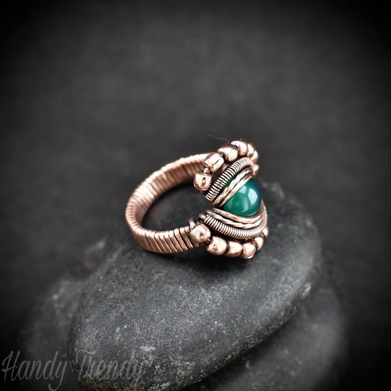 Green onyx ring, Size 7 1/2 USA, Copper wire wrapped jewelry, Unique handmade Birthday gift, Artisan Boho style, Statement jewelry