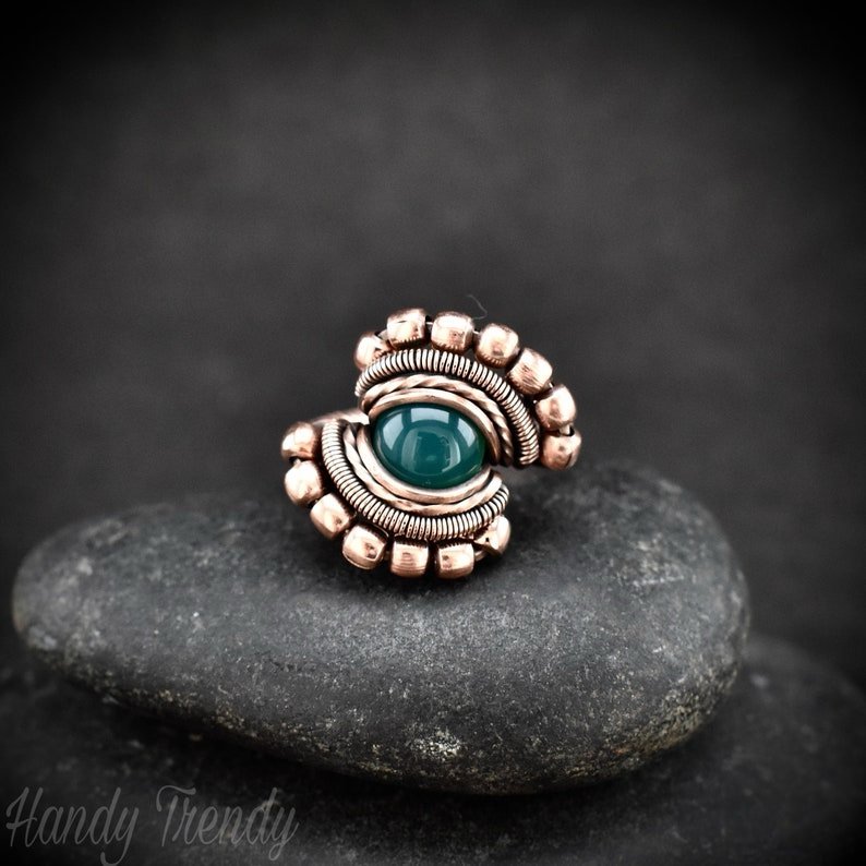 Green onyx ring, Size 7 1/2 USA, Copper wire wrapped jewelry, Unique handmade Birthday gift, Artisan Boho style, Statement jewelry
