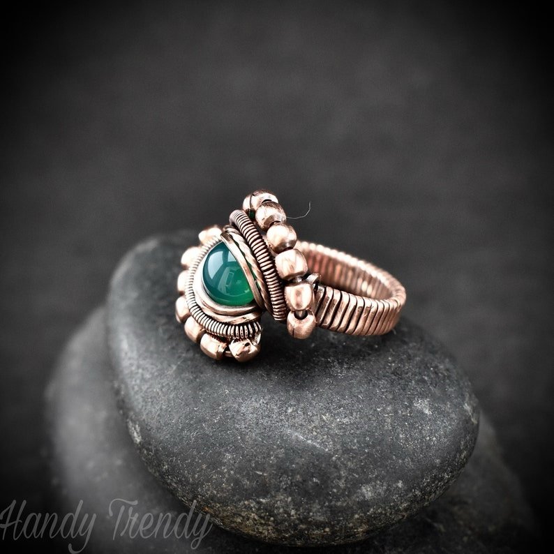 Green onyx ring, Size 7 1/2 USA, Copper wire wrapped jewelry, Unique handmade Birthday gift, Artisan Boho style, Statement jewelry