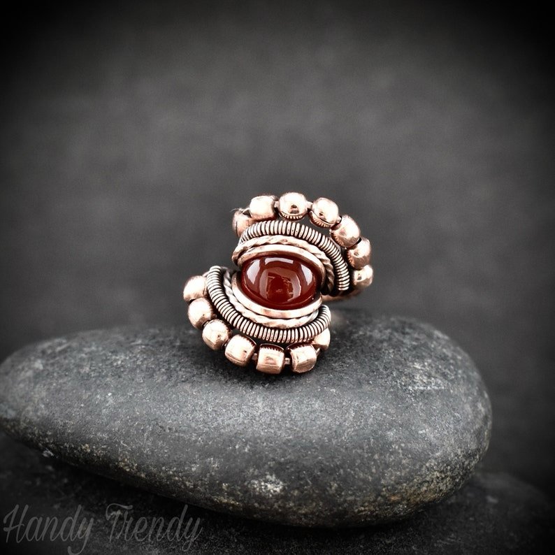 Red onyx ring, Size 6 1/4 US, Copper wire wrapped jewelry, Unique handmade Birthday gift, Artisan Boho style, Statement jewelry