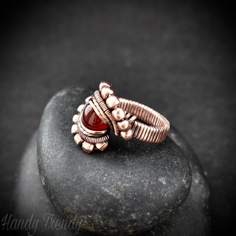 Red onyx ring, Size 6 1/4 US, Copper wire wrapped jewelry, Unique handmade Birthday gift, Artisan Boho style, Statement jewelry