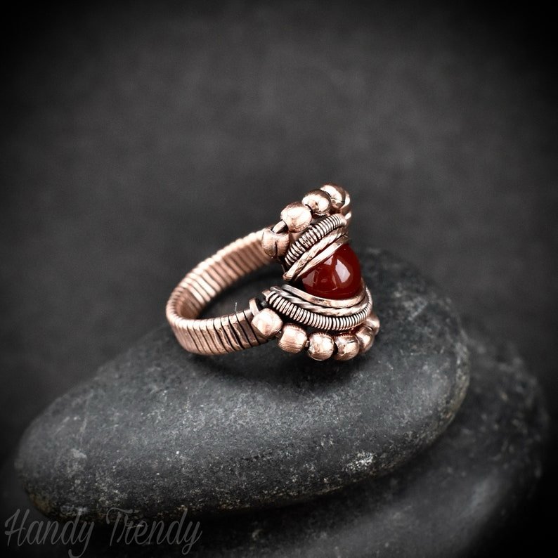 Red onyx ring, Size 6 1/4 US, Copper wire wrapped jewelry, Unique handmade Birthday gift, Artisan Boho style, Statement jewelry