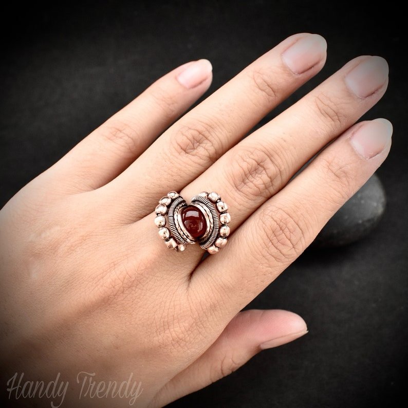 Red onyx ring, Size 6 1/4 US, Copper wire wrapped jewelry, Unique handmade Birthday gift, Artisan Boho style, Statement jewelry