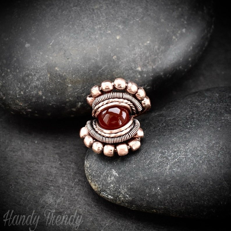 Red onyx ring, Size 6 1/4 US, Copper wire wrapped jewelry, Unique handmade Birthday gift, Artisan Boho style, Statement jewelry