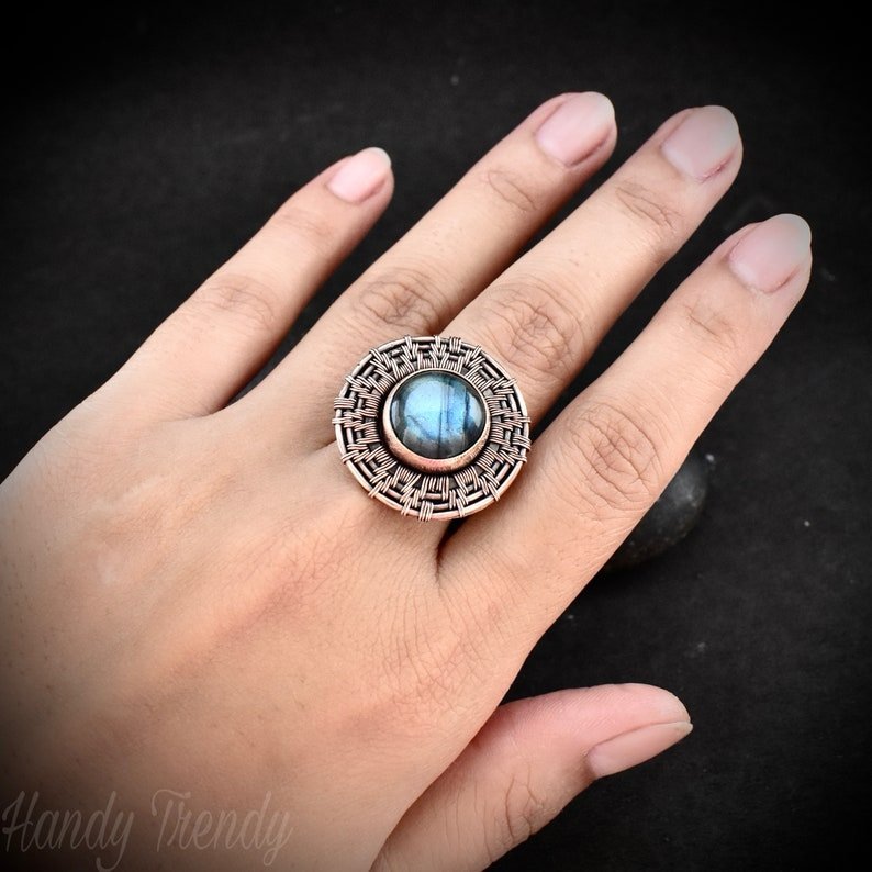Labradorite endless wheel ring, Adjustable Copper wire wrapped ring, Unique handmade birthday gift, One of a kind artisan boho jewelry