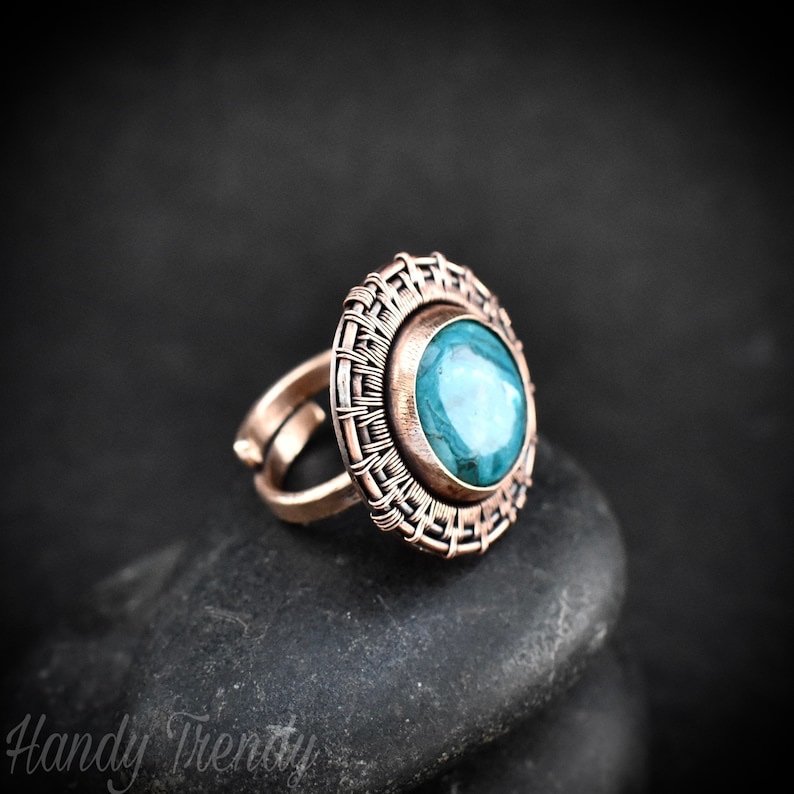Chrysocolla endless wheel ring, Adjustable Copper wire wrapped ring, Unique handmade birthday gift, One of a kind artisan boho jewelry