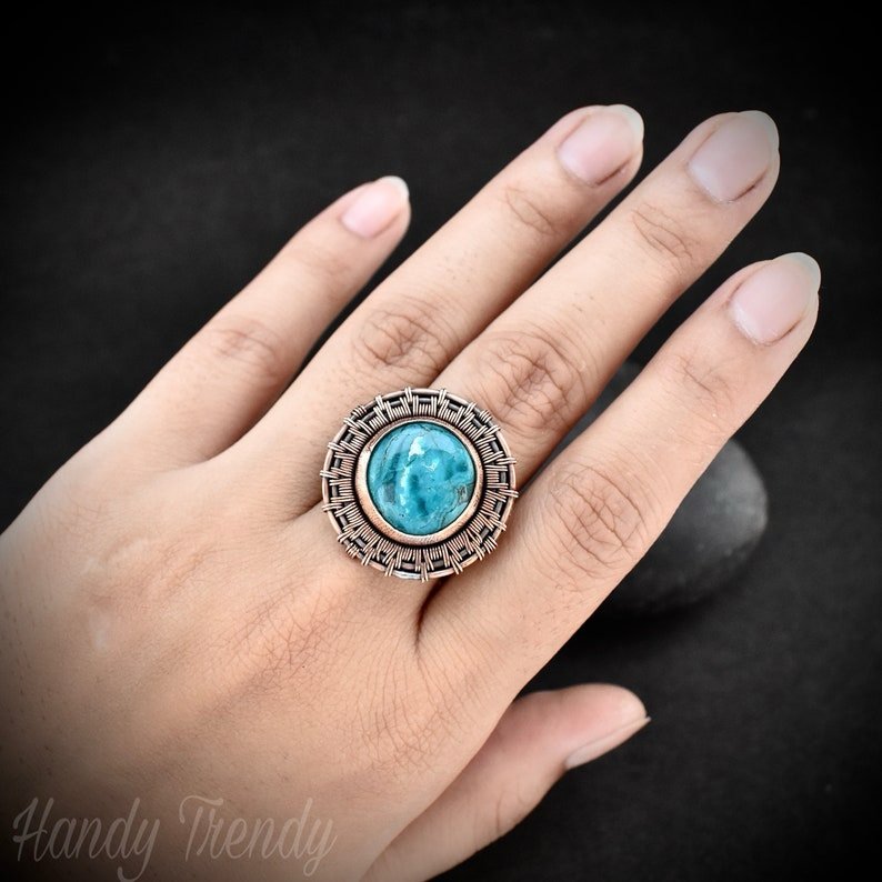 Chrysocolla endless wheel ring, Adjustable Copper wire wrapped ring, Unique handmade birthday gift, One of a kind artisan boho jewelry