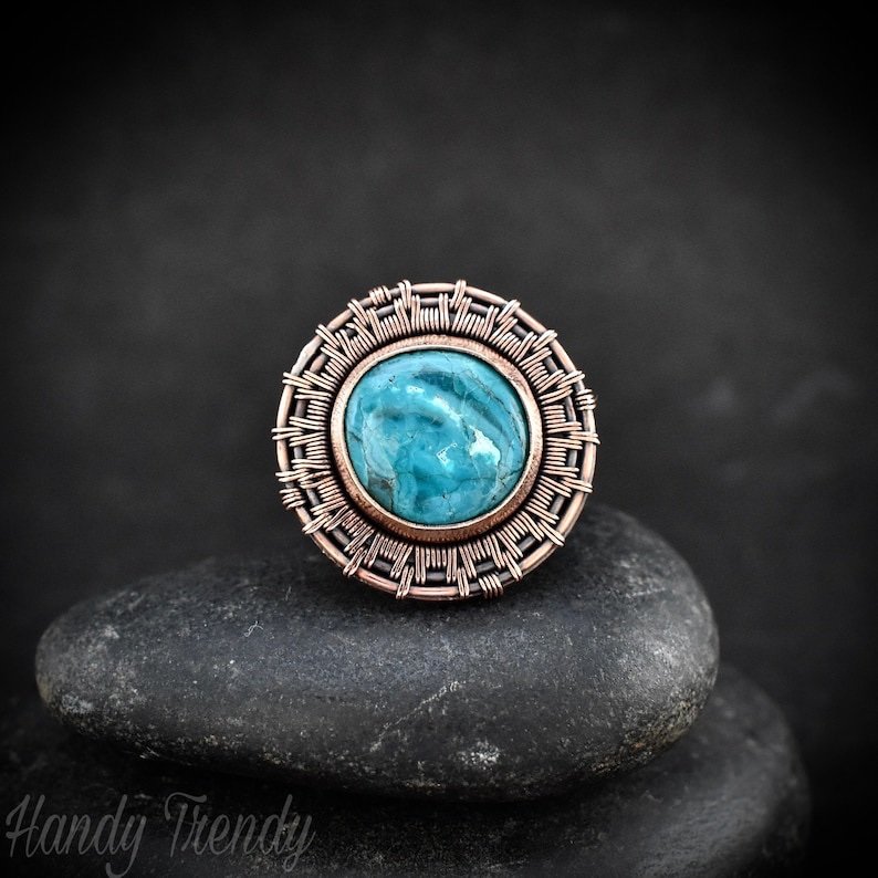 Chrysocolla endless wheel ring, Adjustable Copper wire wrapped ring, Unique handmade birthday gift, One of a kind artisan boho jewelry
