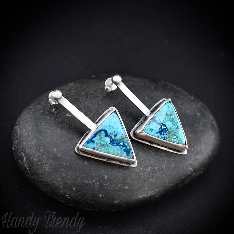 Shattuckite gemstone earrings, 925 Sterling Silver posts earrings, Unique handmade gift, Artisan boho earrings, Simple elegant one of a kind