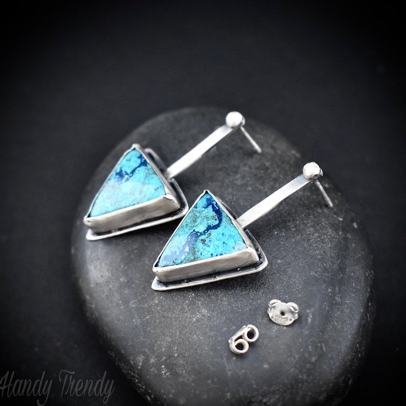 Shattuckite gemstone earrings, 925 Sterling Silver posts earrings, Unique handmade gift, Artisan boho earrings, Simple elegant one of a kind