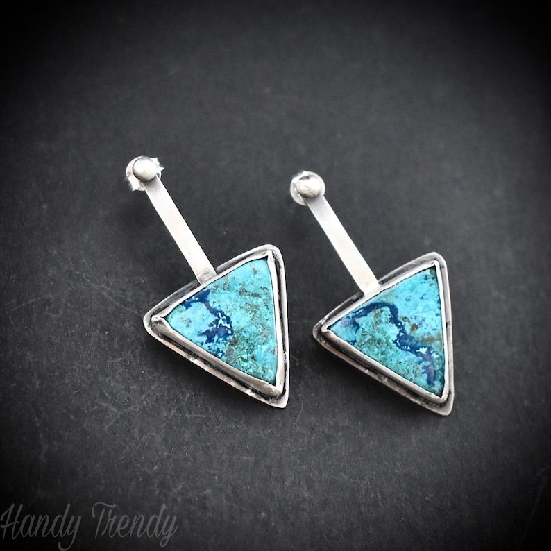 Shattuckite gemstone earrings, 925 Sterling Silver posts earrings, Unique handmade gift, Artisan boho earrings, Simple elegant one of a kind