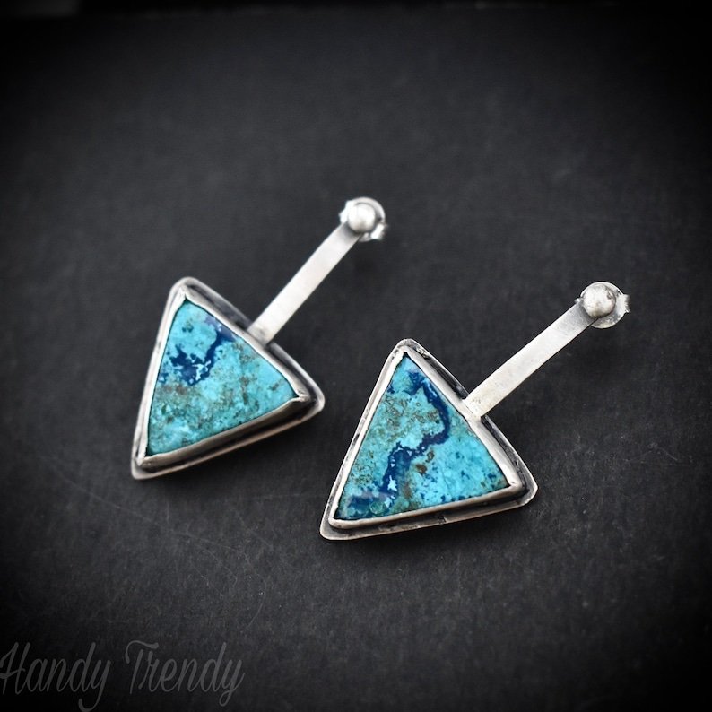 Shattuckite gemstone earrings, 925 Sterling Silver posts earrings, Unique handmade gift, Artisan boho earrings, Simple elegant one of a kind