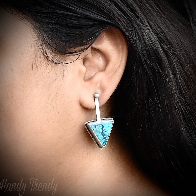 Shattuckite gemstone earrings, 925 Sterling Silver posts earrings, Unique handmade gift, Artisan boho earrings, Simple elegant one of a kind