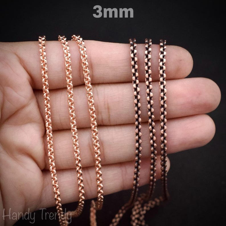 5 meter pure copper chain, 2mm 2.5mm 3mm size, Soldered link, Snake design, Jewelry finding, 16 feet full length, No plating, Raw copper