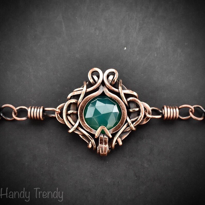 Green onyx chain bracelet, Free flow copper wire wrapped bracelet, Size 7.75 inch, Adjustable size, Unique gift, One of a kind jewelry