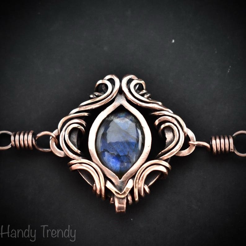 Blue labradorite chain bracelet, Free flow copper wire wrapped bracelet, Size 8 inch, Adjustable size, Unique gift, One of a kind jewelry