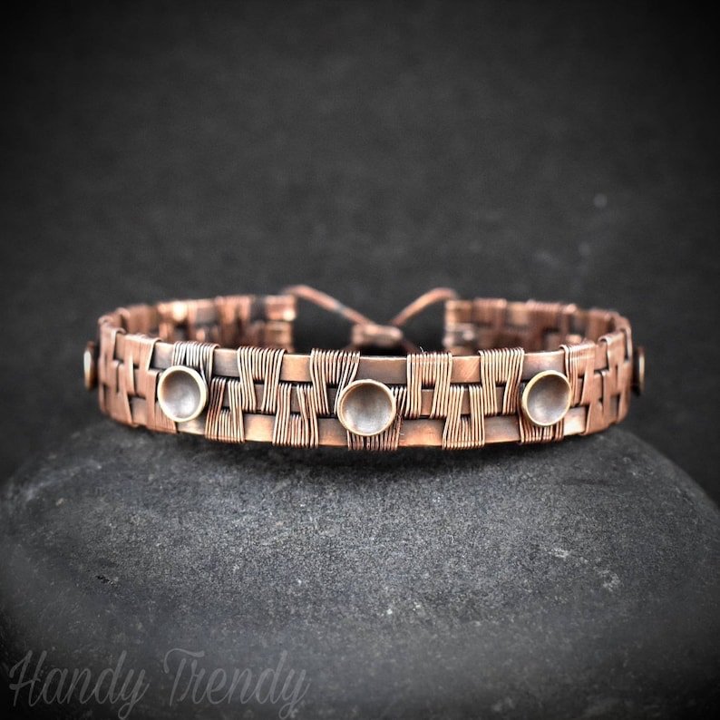 Dome cuff bracelet, Copper Wire wrapped jewelry, Unisex bracelet, Unique handmade birthday gift, One of a kind jewelry, Size 17cm