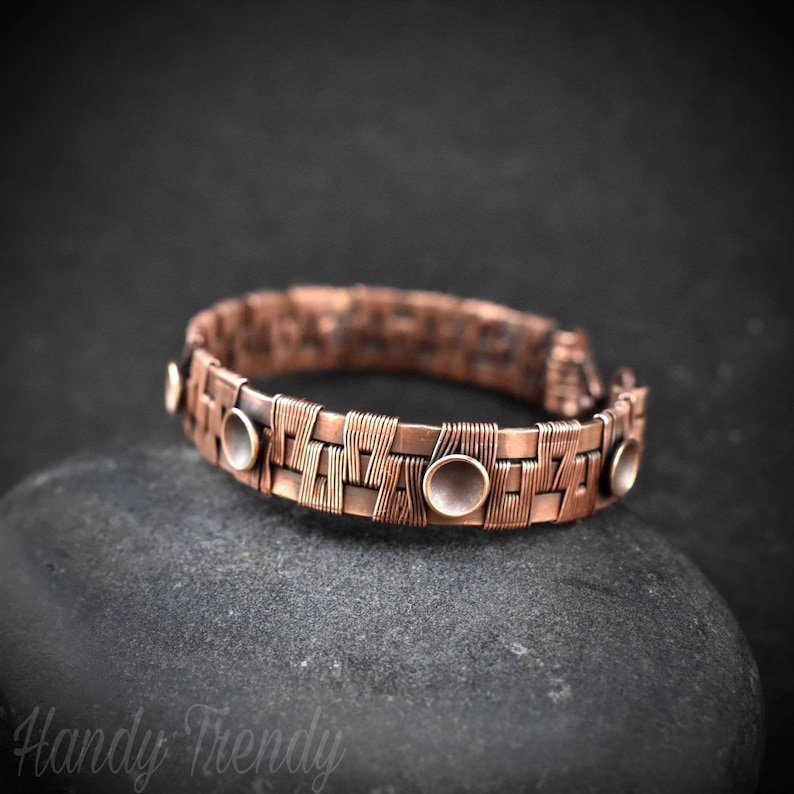 Dome cuff bracelet, Copper Wire wrapped jewelry, Unisex bracelet, Unique handmade birthday gift, One of a kind jewelry, Size 17cm