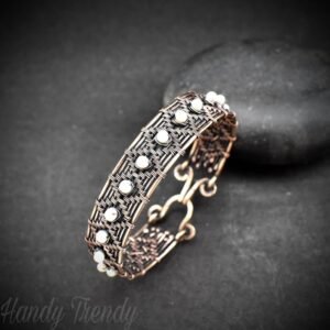 Pearl cuff bracelet, Copper Wire wrap jewelry, Unique handmade birthday gift, Bridal wedding Gift, One of a kind artisan boho style jewelry