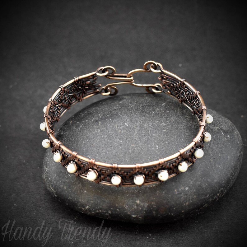 Pearl cuff bracelet, Copper Wire wrap jewelry, Unique handmade birthday gift, Bridal wedding Gift, One of a kind artisan boho style jewelry