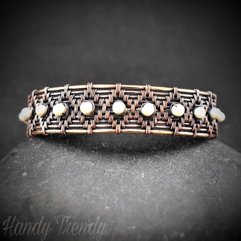 Pearl cuff bracelet, Copper Wire wrap jewelry, Unique handmade birthday gift, Bridal wedding Gift, One of a kind artisan boho style jewelry