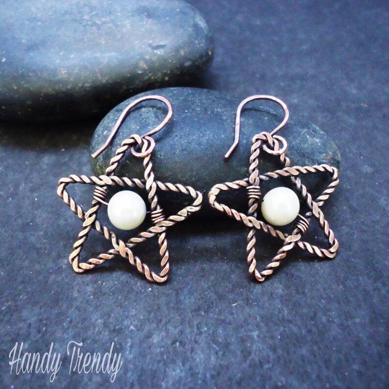 Star earrings, Wire wrapped earring, Copper wire earrings, Handmade unique gifts for wife, celtic earring, Wire weave earring, pearl earring