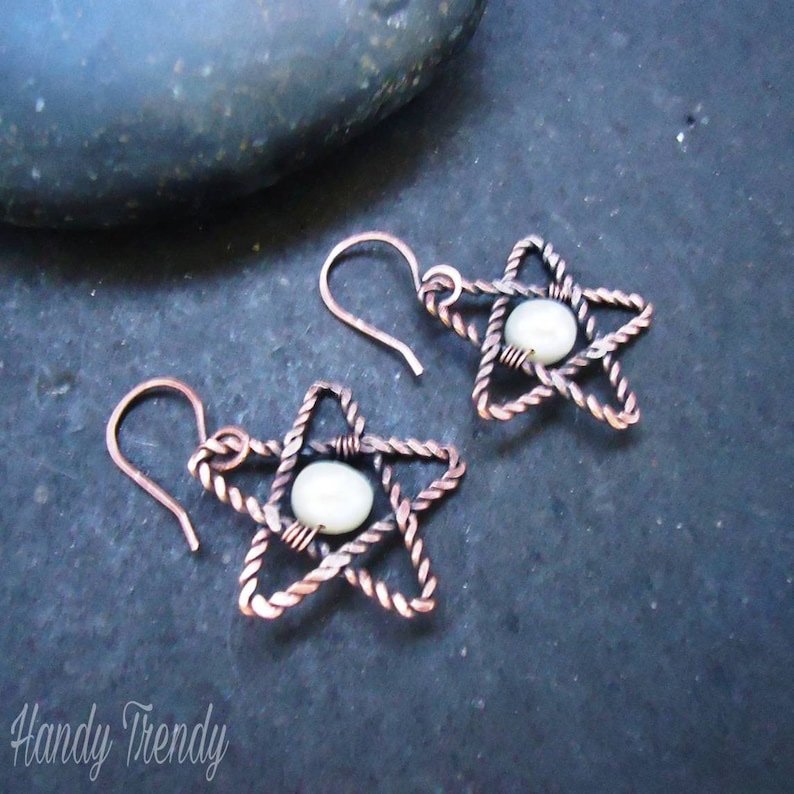 Star earrings, Wire wrapped earring, Copper wire earrings, Handmade unique gifts for wife, celtic earring, Wire weave earring, pearl earring
