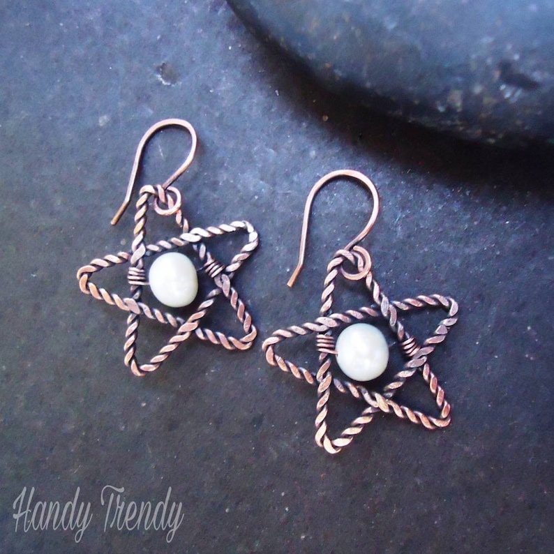 Star earrings, Wire wrapped earring, Copper wire earrings, Handmade unique gifts for wife, celtic earring, Wire weave earring, pearl earring