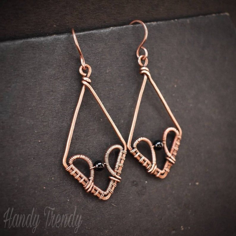 Onyx kite earrings, Copper Wire wrap jewelry, Unique Handmade gift for Her Friend Mom Sister, Casual dangle earring, Artisan Boho jewellery