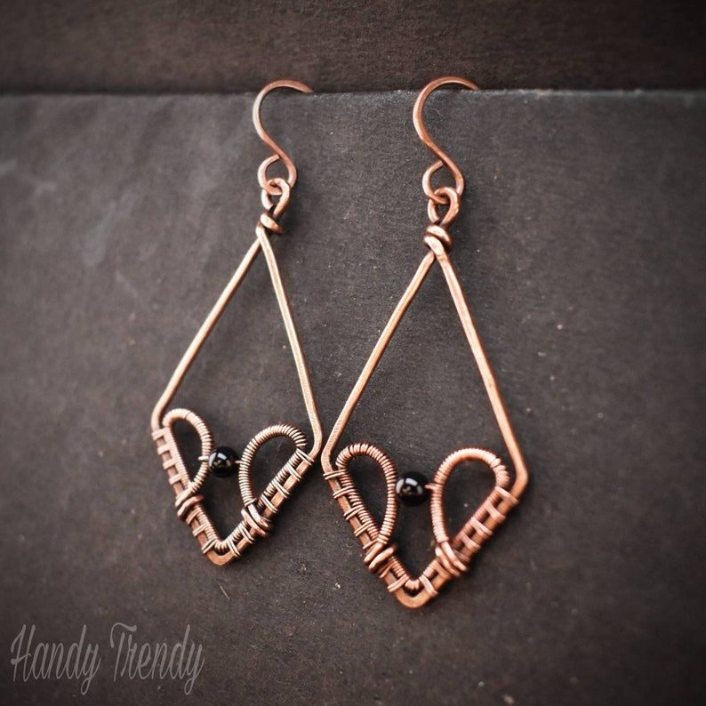 Onyx kite earrings, Copper Wire wrap jewelry, Unique Handmade gift for Her Friend Mom Sister, Casual dangle earring, Artisan Boho jewellery